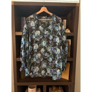 New Star USA Sheer Black & Blue Floral Blouse Size Large